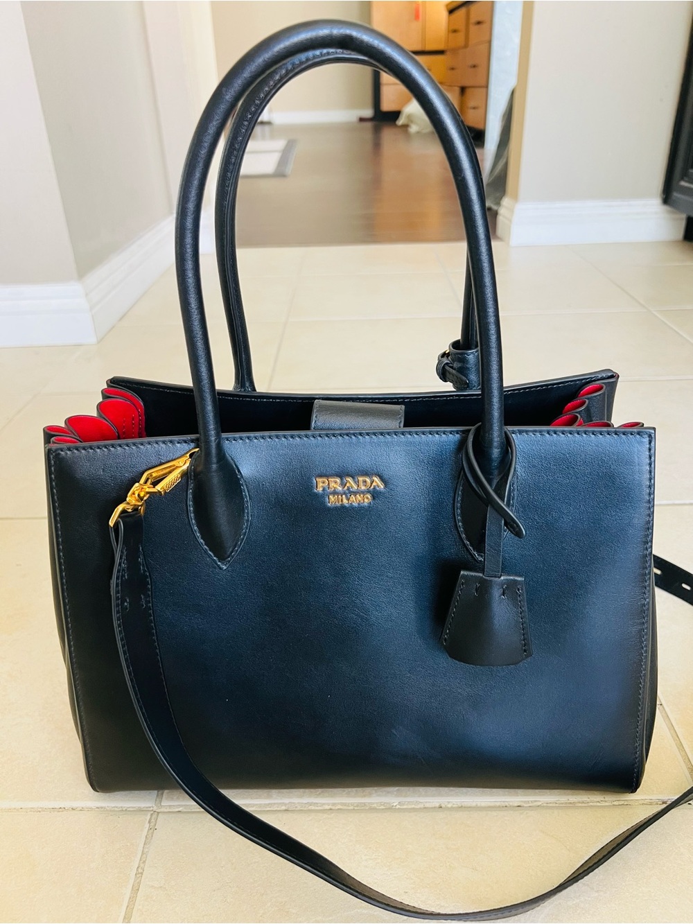 Prada Black Leather Tote with Red Interior Scallop Detail
